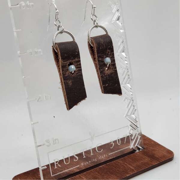 Blue Bead Folded Genuine Leather Earrings