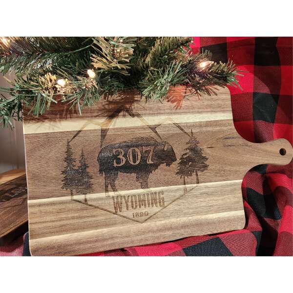 Acacia Serving Board engraved with Wyoming 307 Design