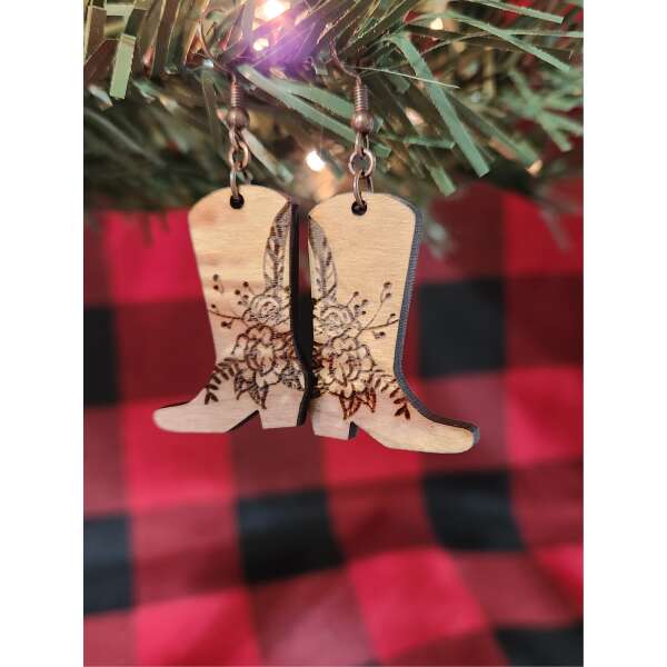 Floral engraved cowgirl boot earring