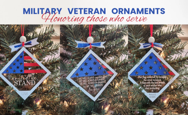 three veteran military ornaments